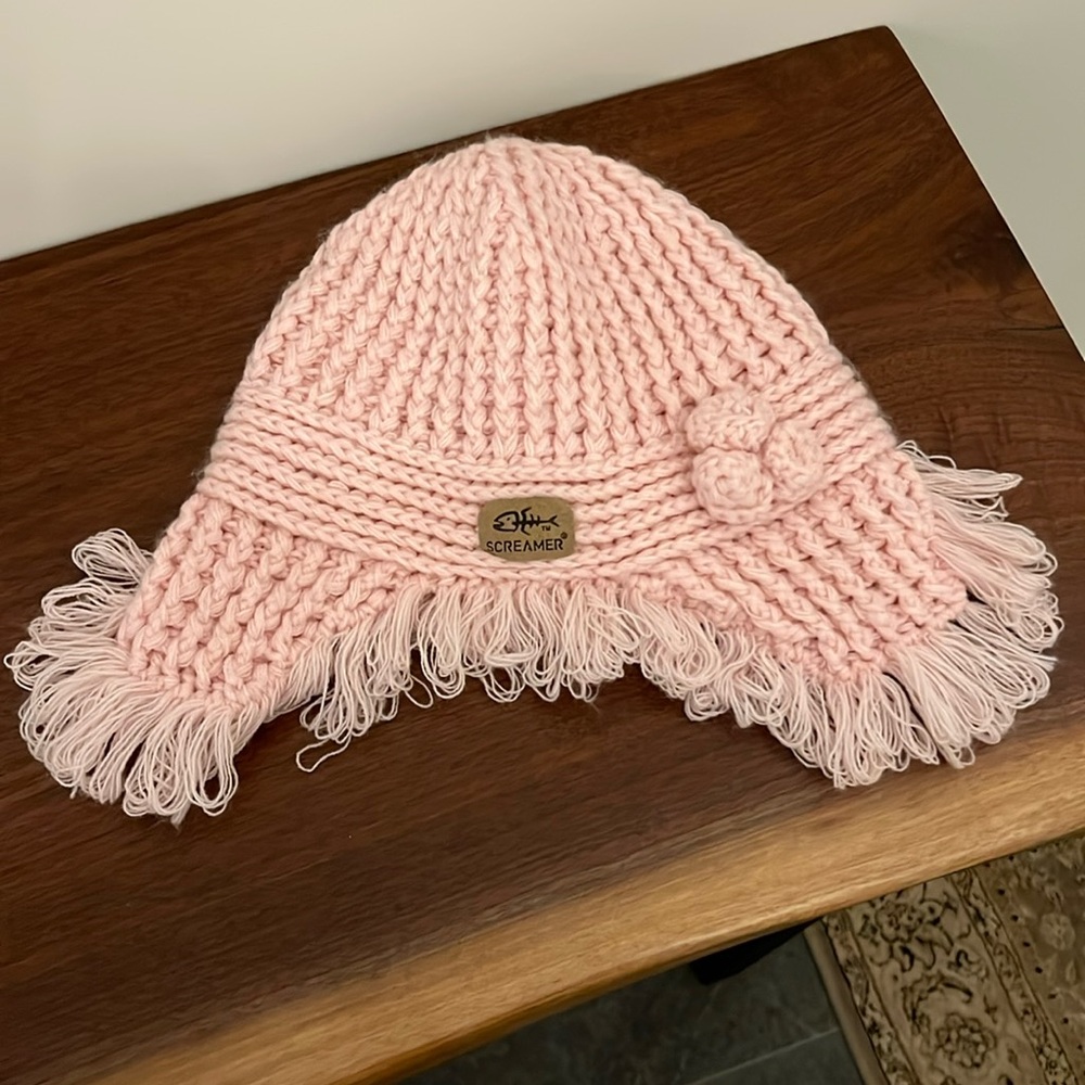 SCREAMER Knit hat lots of detail light pink  flowers fringe flaps Cap
